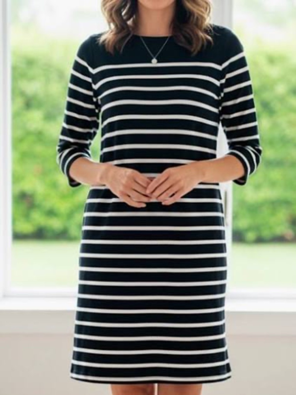 L.L. Bean Women’s Nautical Navy & White Striped Knee Length Cotton Knit Dress